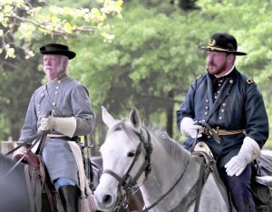 Craig Braswell, as Gen. Joseph E. Johnston and John Guss, as Gen. William T. Sherman at Bennett Place in Durham. CREDIT WWW.NCDCR.GOV