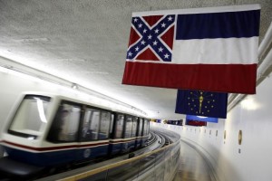 The Mississippi state flag, which incorporates the Confederate battle emblem, hangs with other state flags in the subway system under the U.S. Capitol. Reuters
