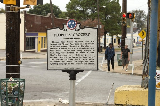 This Tennessee Historical Commission marker at the corner of Mississippi Blvd. and Walker Ave. commemorates the site where three African-American co-owners of People’s Grocery were lynched in 1892. The incident caused journalist Ida B. Wells to begin her campaign against lynching. (Brandon Dill/Special to The Commercial Appeal)