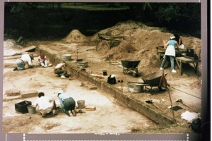Archaeologist teams from The South Carolina Institute of Archaeology and Anthropology excavate the site of Santa Elena, a 16th century Spanish settlement, on the Parris Island Marine Corps Golf Course from 1979 to 1985. This photo is titled, "Santa Elena excavation". Parris Island Museum