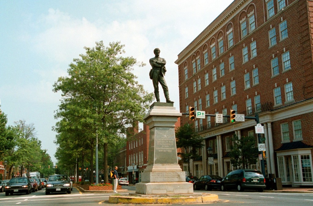 The Confederate memorial statue, "Appomattox" at the intersection of S. Washington and Prince streets in Alexandria. (Dayna Smith/The Washington Post)