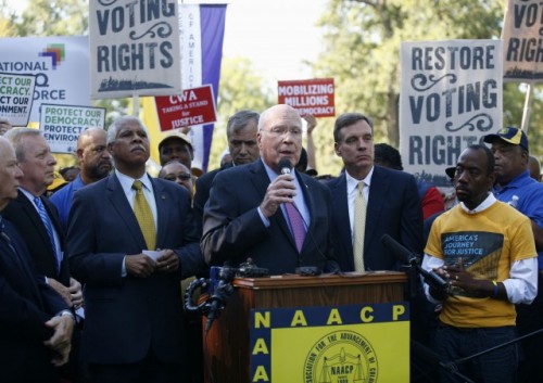 Mirroring restrictions put in place following the First Reconstruction, the Brennan Center for Justice at New York University has estimated that the changes put in place in just 2011 and 2012 have made it “significantly harder for 5 million citizens to vote.” Here, Senator Patrick Leahy, center, speaks during a news conference on Capitol Hill in Washington, Wednesday, Sept. 16, 2015, in support of a fix in the Voting Rights Act. From left are, Senator Benjamin Cardin, Senate Minority Whip Richard Durbin, Hilary 0. Shelton, director to the NAACP's Washington Bureau, Leahy, Senator Mark Warner, and NAACP President Cornell William Brooks.