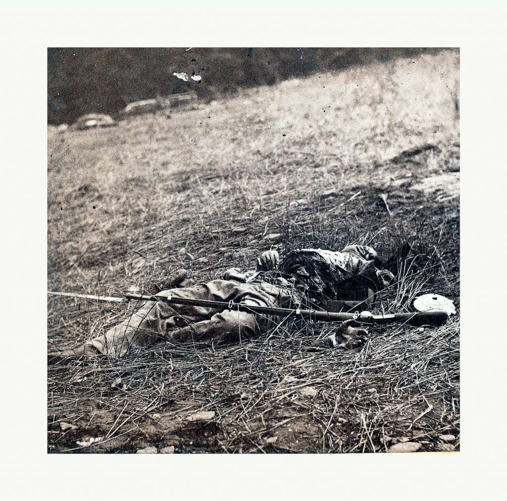 Effect of a shell on a Confederate soldier at battle of Gettysburg, remains of a dead soldier on the battlefield. 