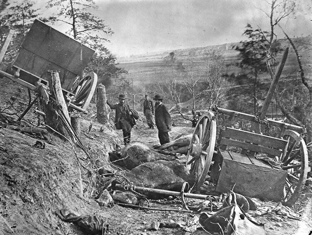 View of a Confederate caisson and eight dead horses destroyed by a 32 pound shell, Maryre's Heights, Fredericksburg, Virginia, 1863.