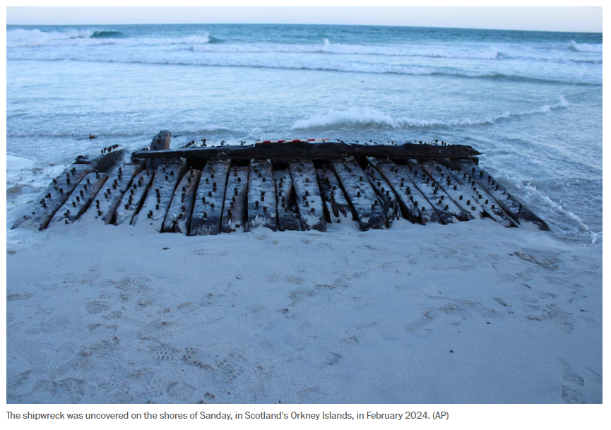 Wreck of Revolutionary War frigate resurfaces on Scottish beach